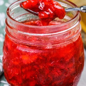 close up of Strawberry Freezer Jam Recipe in a jar