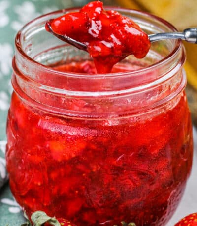 close up of Strawberry Freezer Jam Recipe in a jar