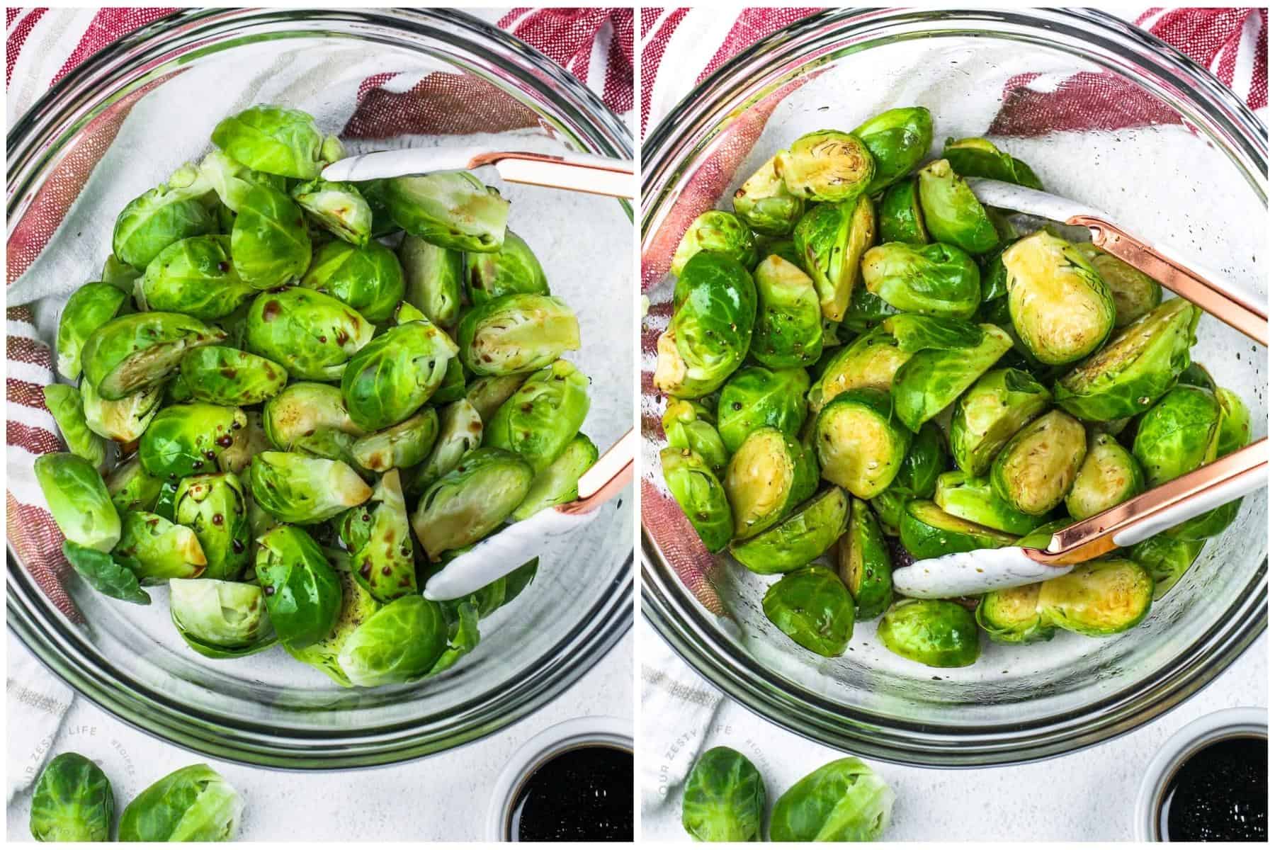 balsamic vinegar on brussels in a clear bowl, and brussels mixed up