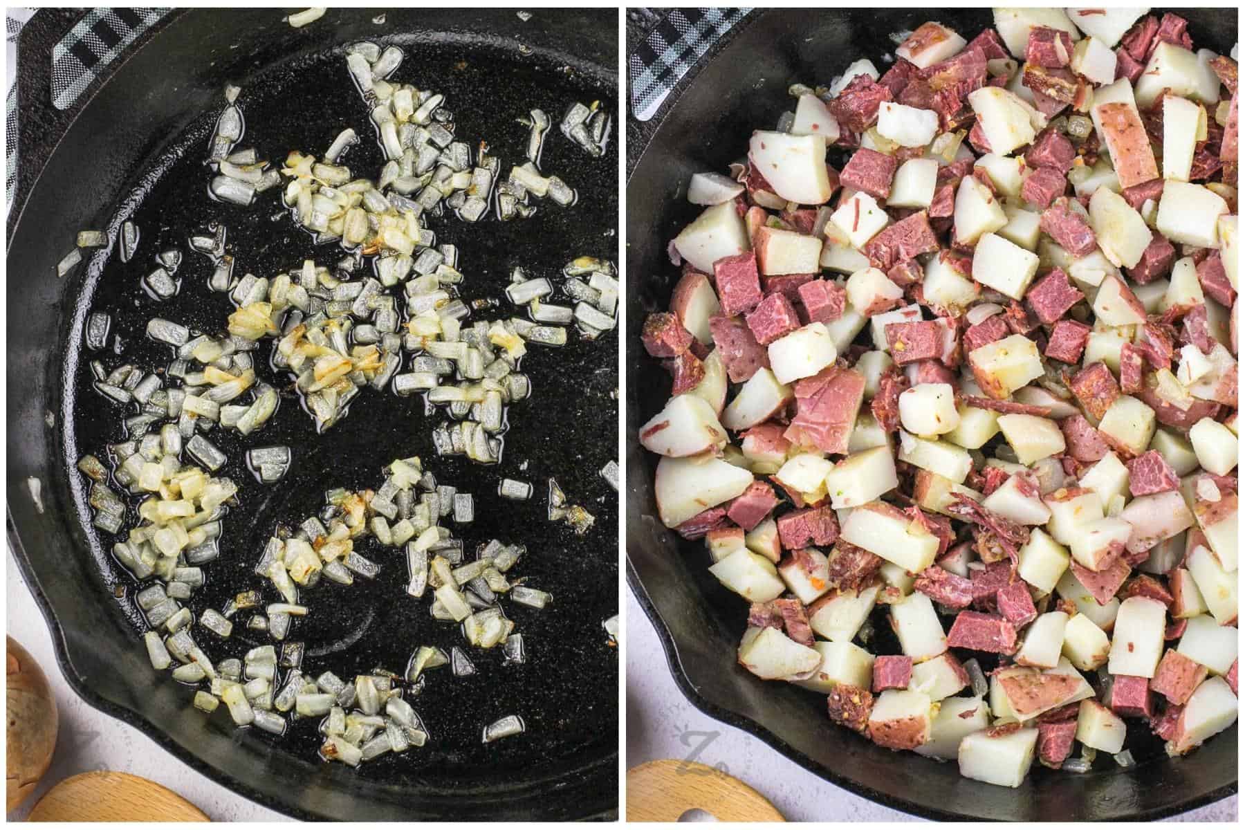 cooked onion in a cast iron frying pan, and diced potatoes and corned beef in the pan