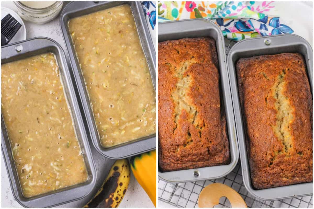 zucchini banana bread in two loaf pans before and after being baked