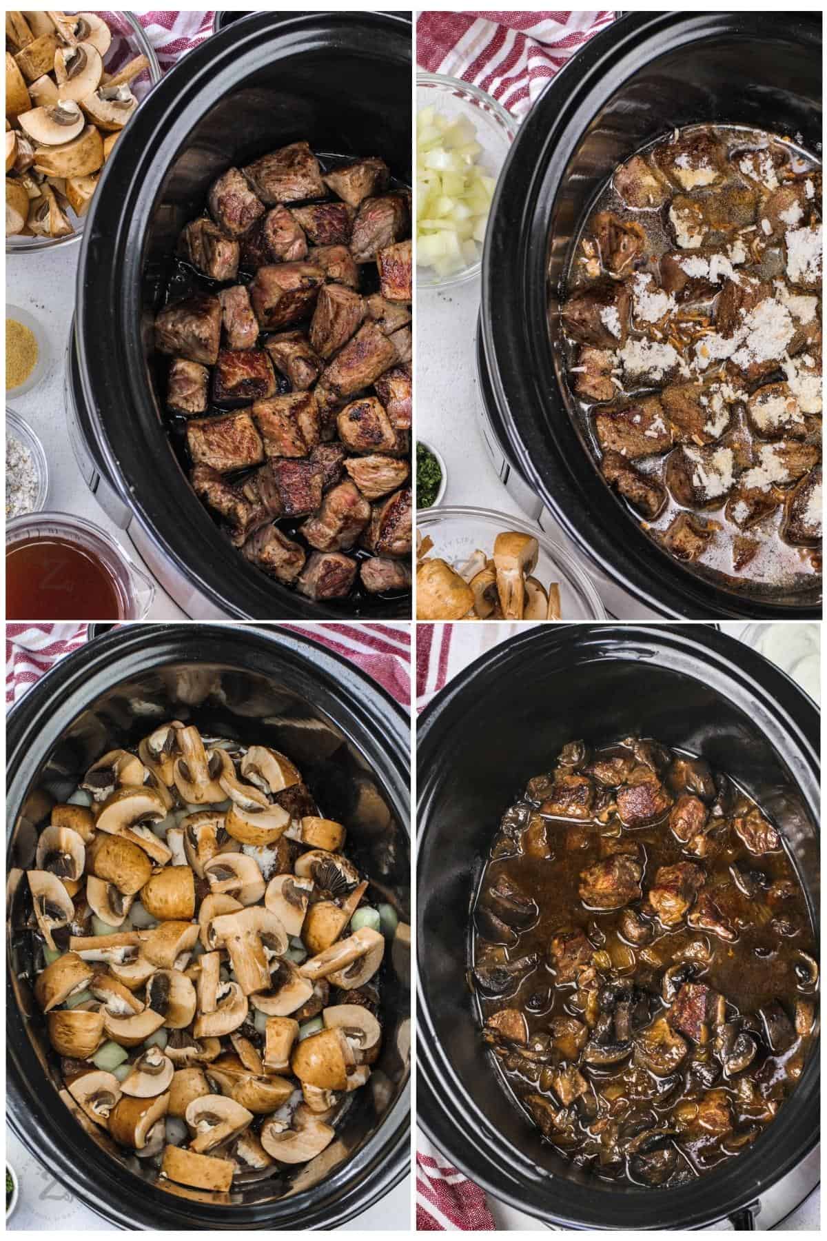process of adding ingredients together to make Slow Cooker Beef Stroganoff