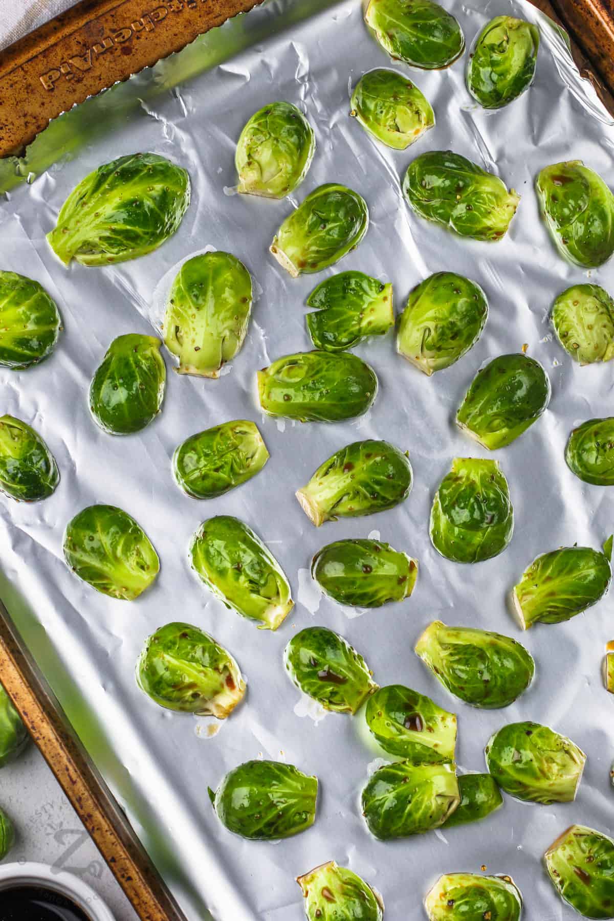 balsamic brussels spouts on a foil lined pan