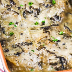 cooked Cream of Mushroom Pork Chops in a dish