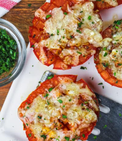 plated Easy Baked Tomatoes with garnish