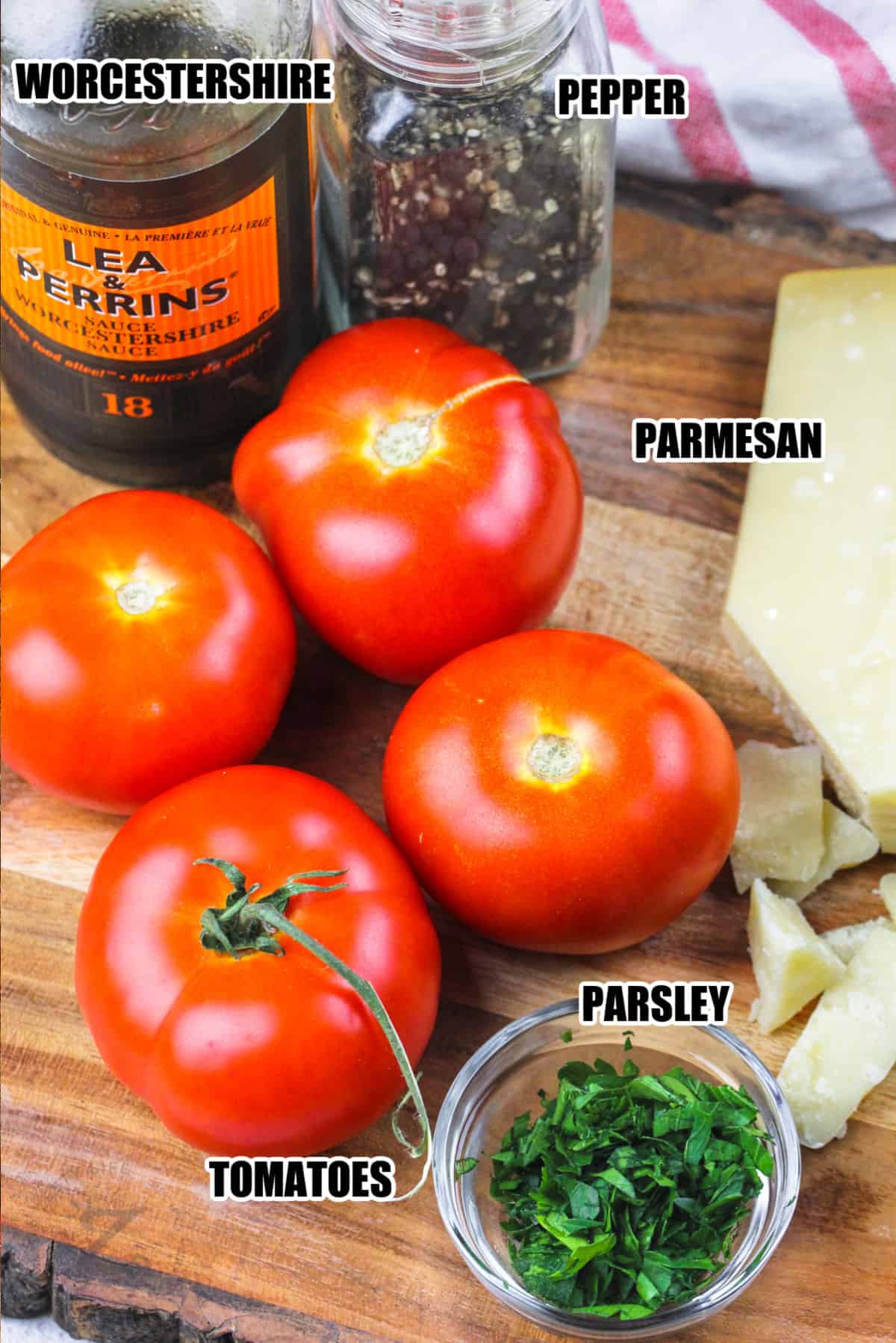 ingredients with labels to make Easy Baked Tomatoes
