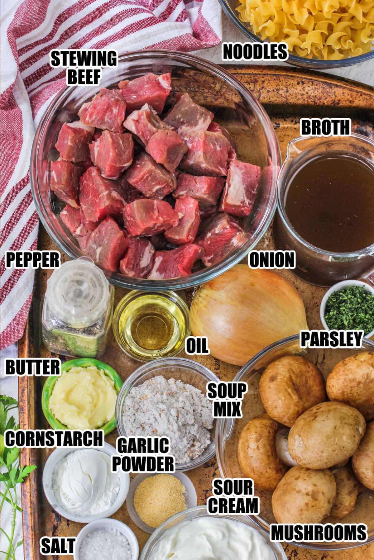 beef , noodles , broth , parsley , mushrooms , sour cream , oil , soup mix , garlic powder , butter, and seasonings to make Slow Cooker Beef Stroganoff with labels