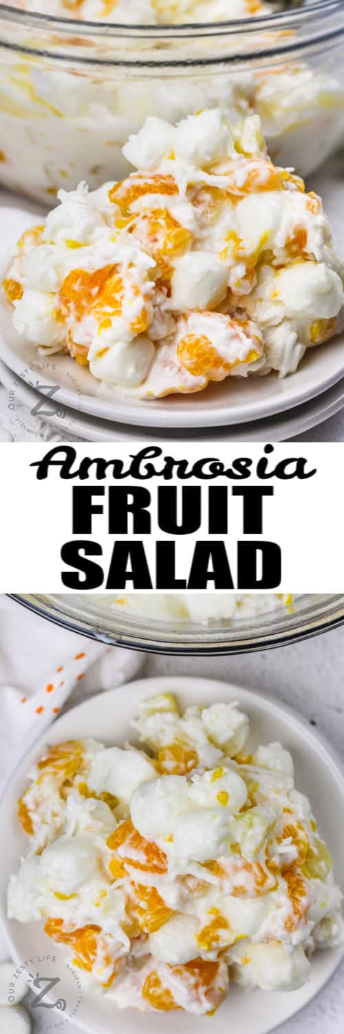 Ambrosia fruit salad on a plate, and serving of salad on a plate under the title