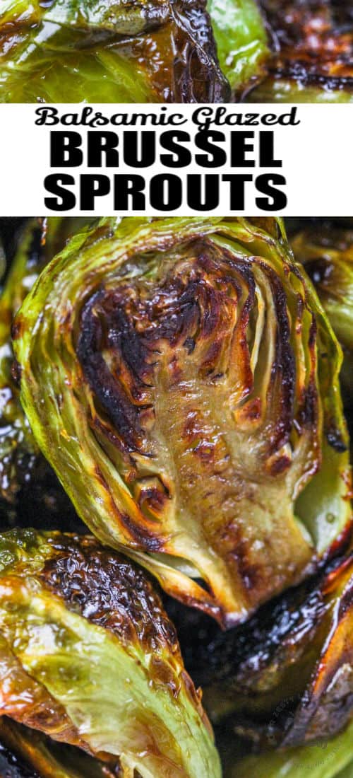 close up of balsamic brussels sprouts with writing