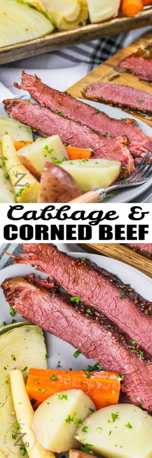 corned beef and cabbage on a plate with vegetables, and plated corned beef with cabbage under the title