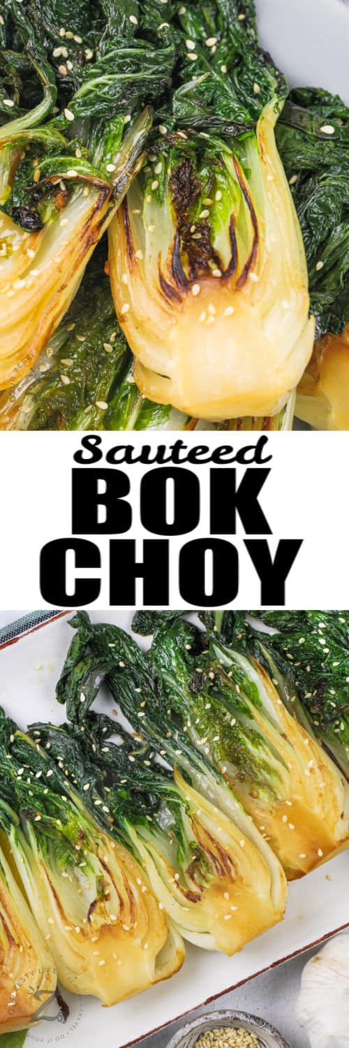 garlic baby bok choy in a white serving bowl, and on a rectangular dish under the title