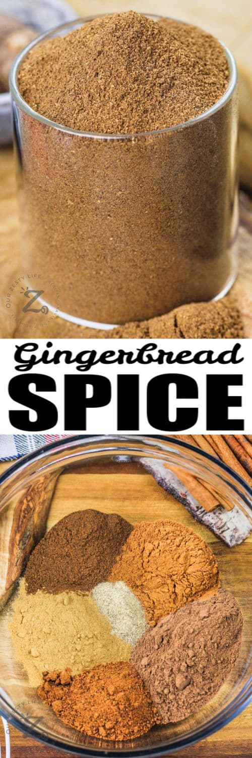 Gingerbread Spice ingredients in a bowl and finished spice in a jar with a title