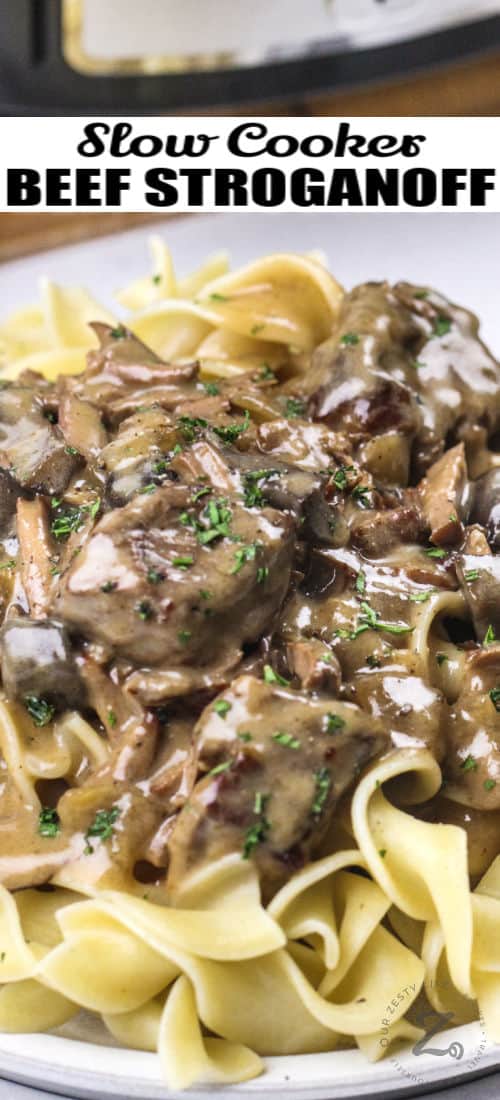 plated Slow Cooker Beef Stroganoff with a title