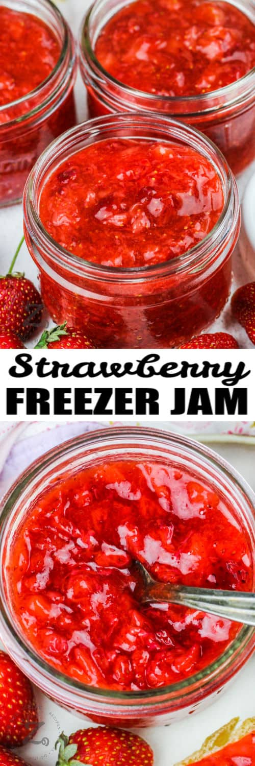 jars of Sugar Free Strawberry Freezer Jam and close up photo with writing