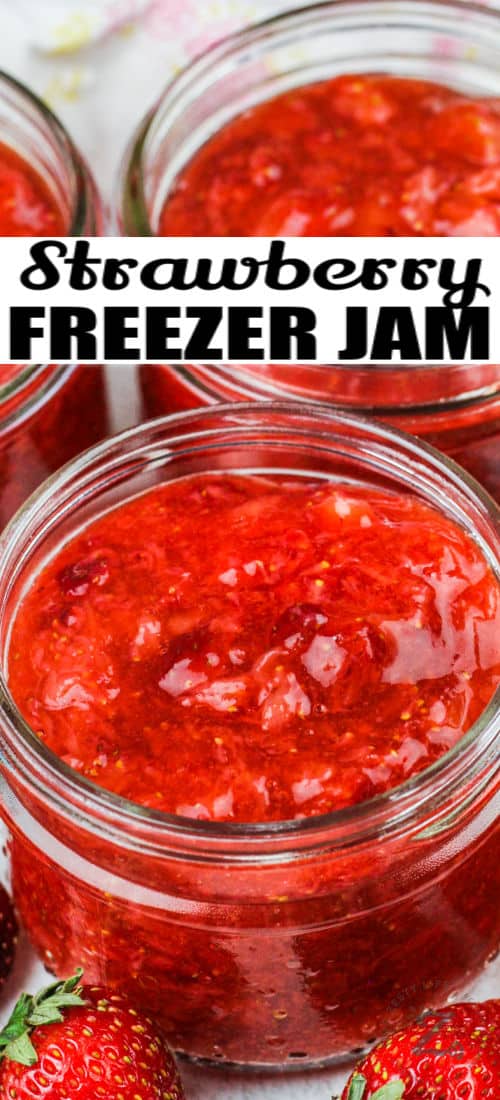 jars of Sugar Free Strawberry Freezer Jam with writing