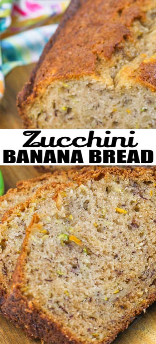 Zucchini Banana Bread with slices and a title