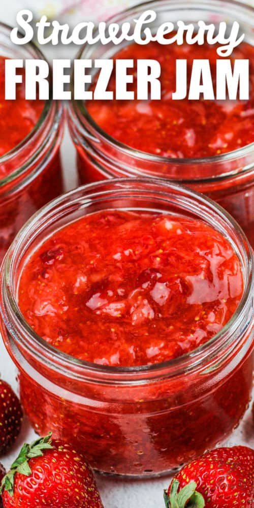 jars of Sugar Free Strawberry Freezer Jam with a title
