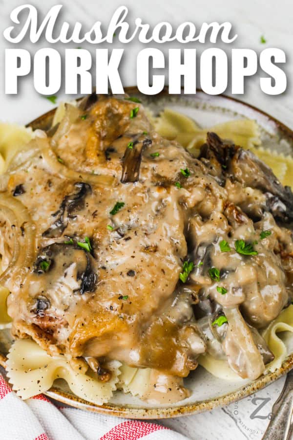 plated Cream of Mushroom Pork Chops with writing