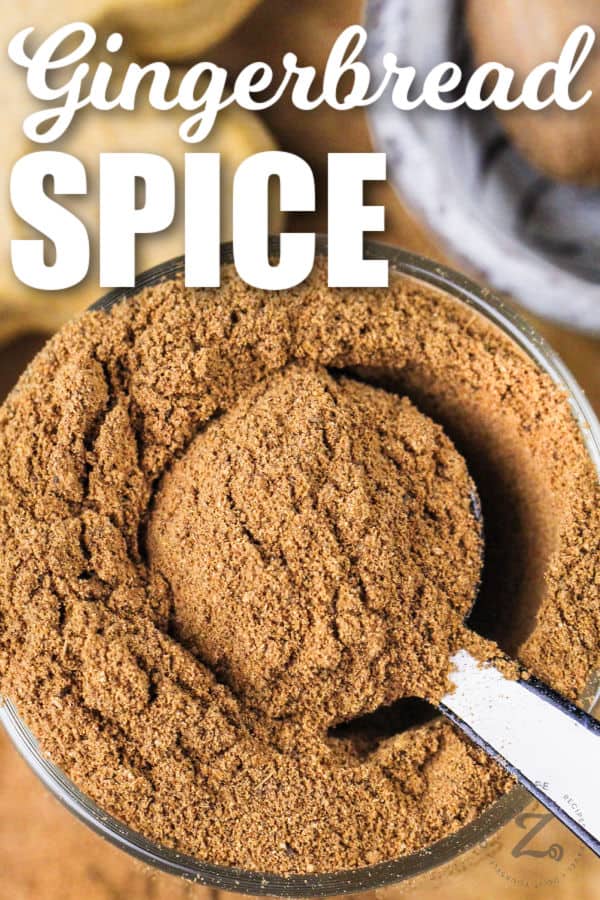 jar full of Gingerbread Spice with a spoon inside and a title