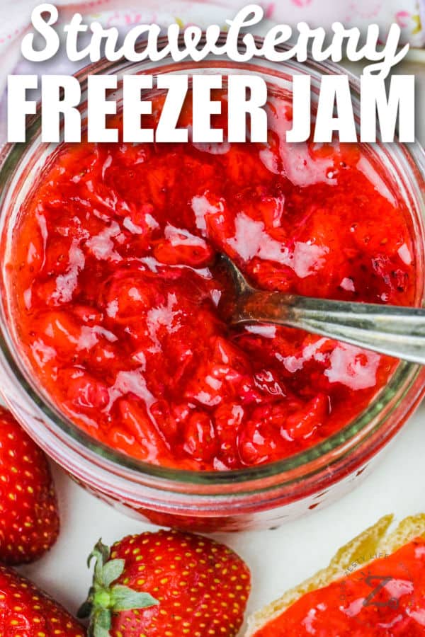 jar of Sugar Free Strawberry Freezer Jam with a spoon with a title