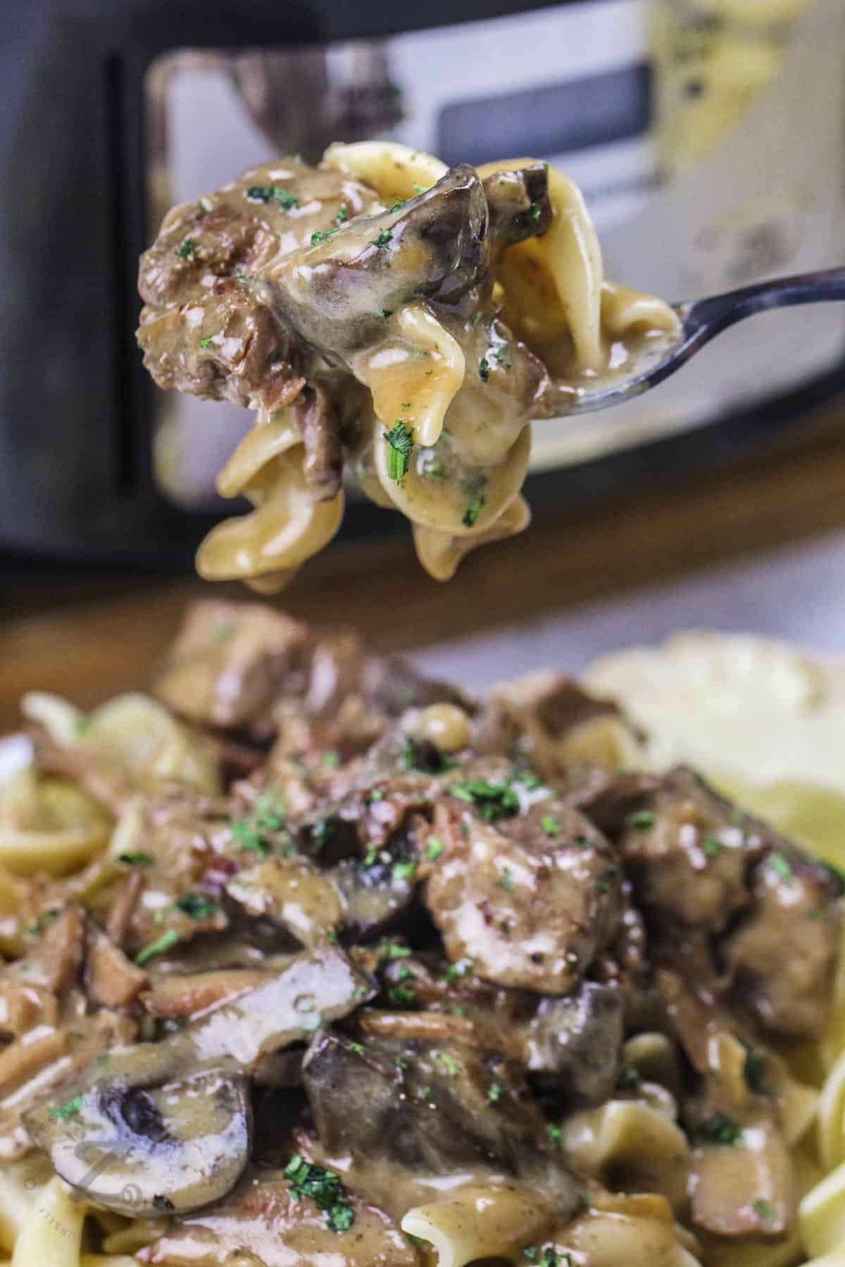 Slow Cooker Beef Stroganoff on a fork