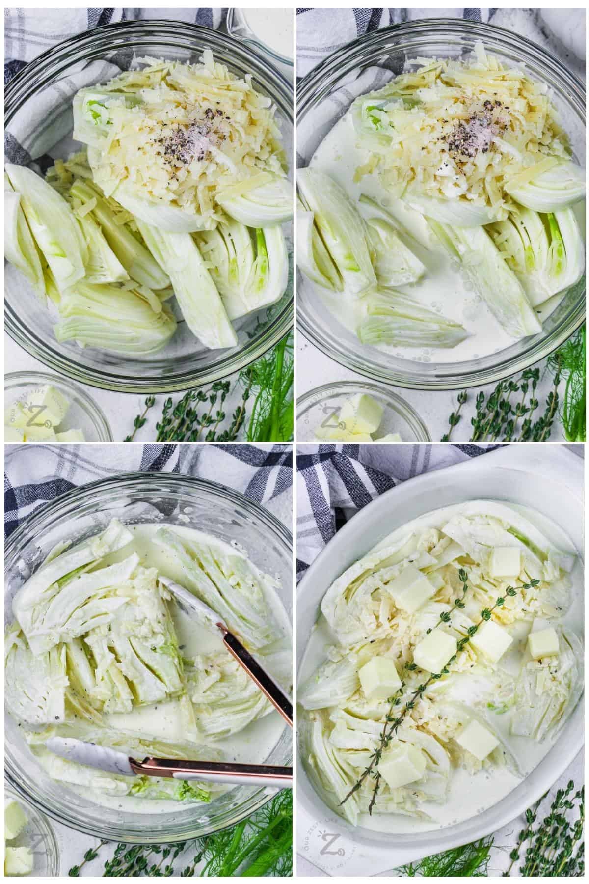 process of adding ignredients together to make Cheesy Baked Fennel