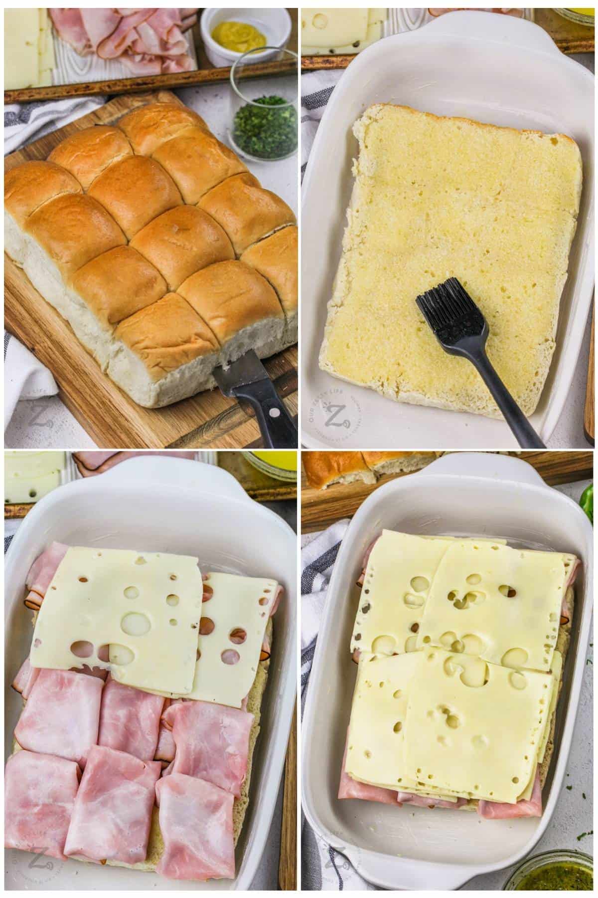 process of cutting and adding ingredients together to make Ham and Swiss Sliders