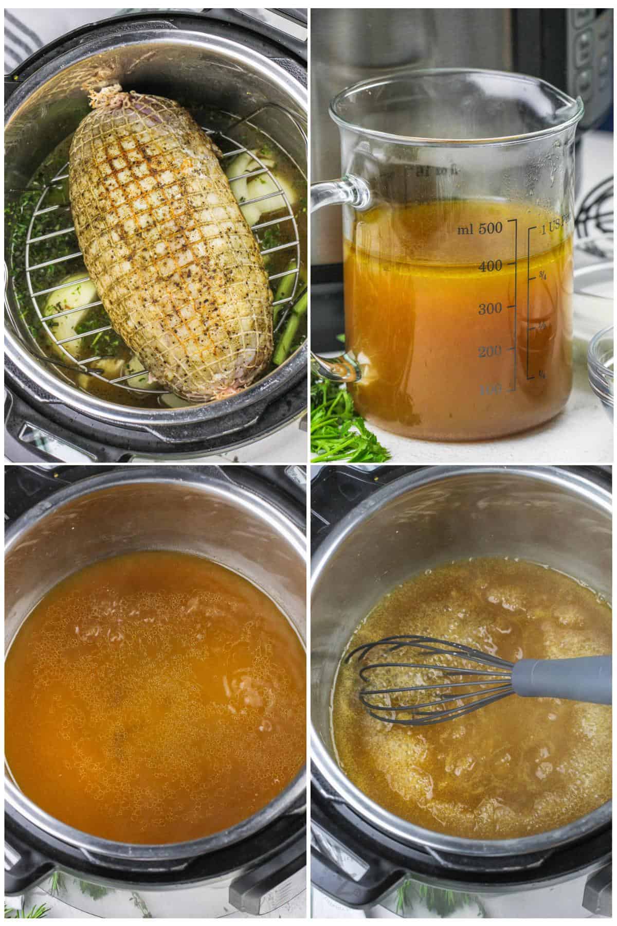 process of adding turkey to pot and then cooking broth to make Instant Pot Turkey Breast