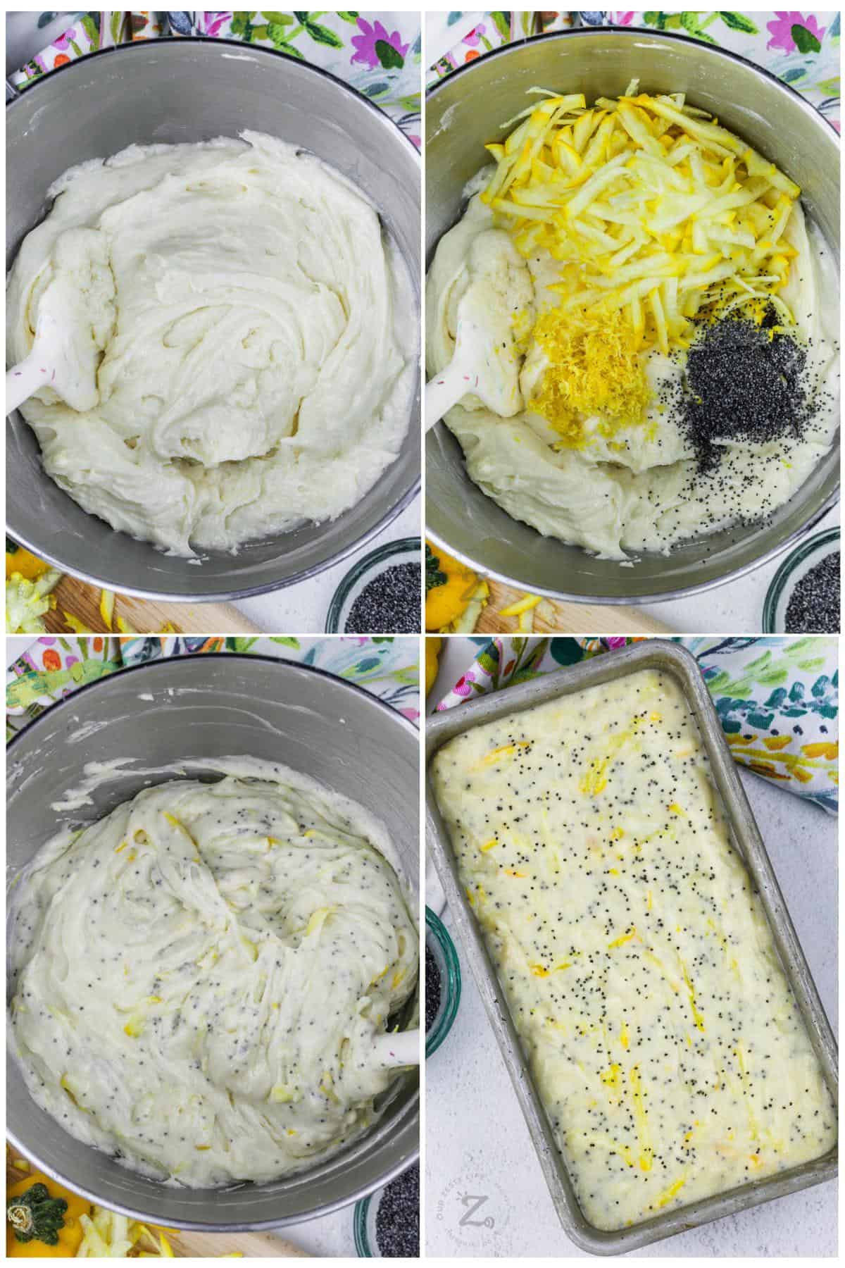 process of adding ingredients togeher to make Lemon Zucchini Bread