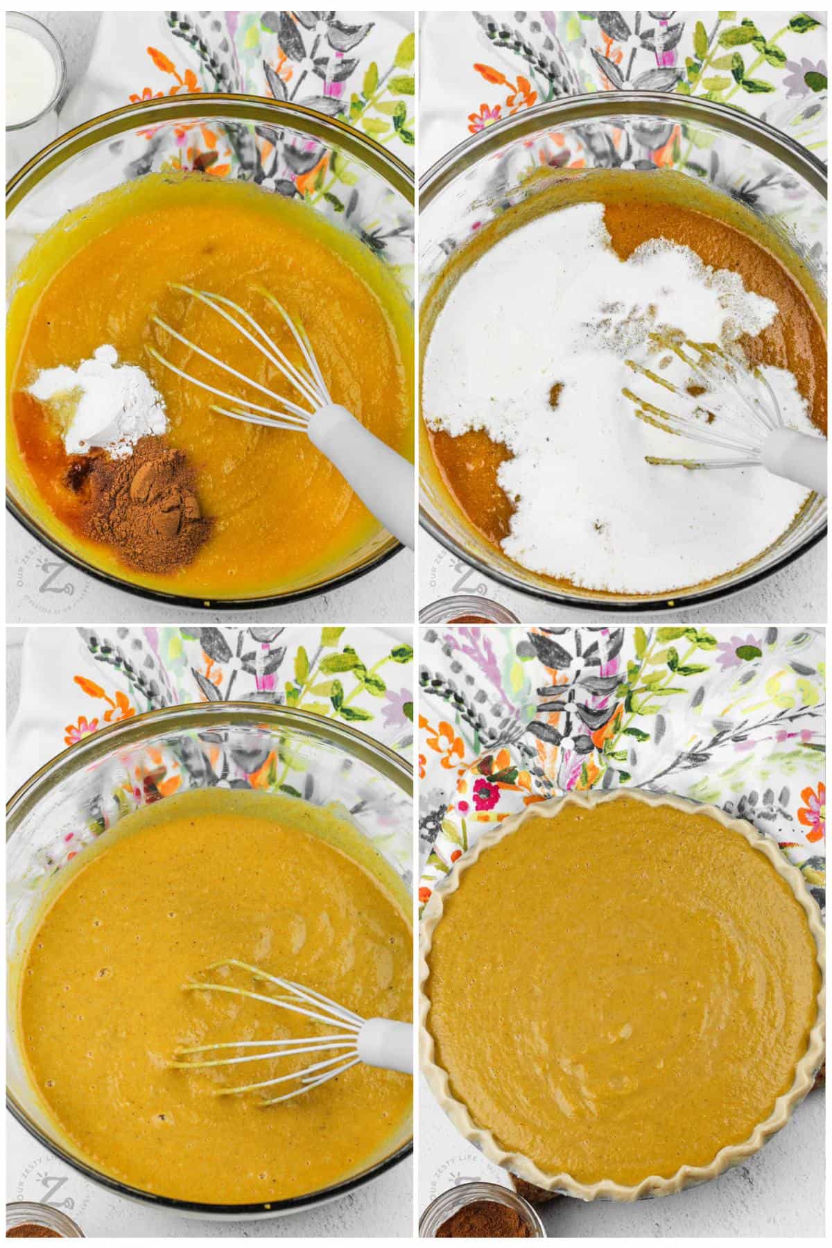 process of adding seasonings and milk to pumpkin filling and adding to pie shell to make Pumpkin Pie from Fresh Pumpkin