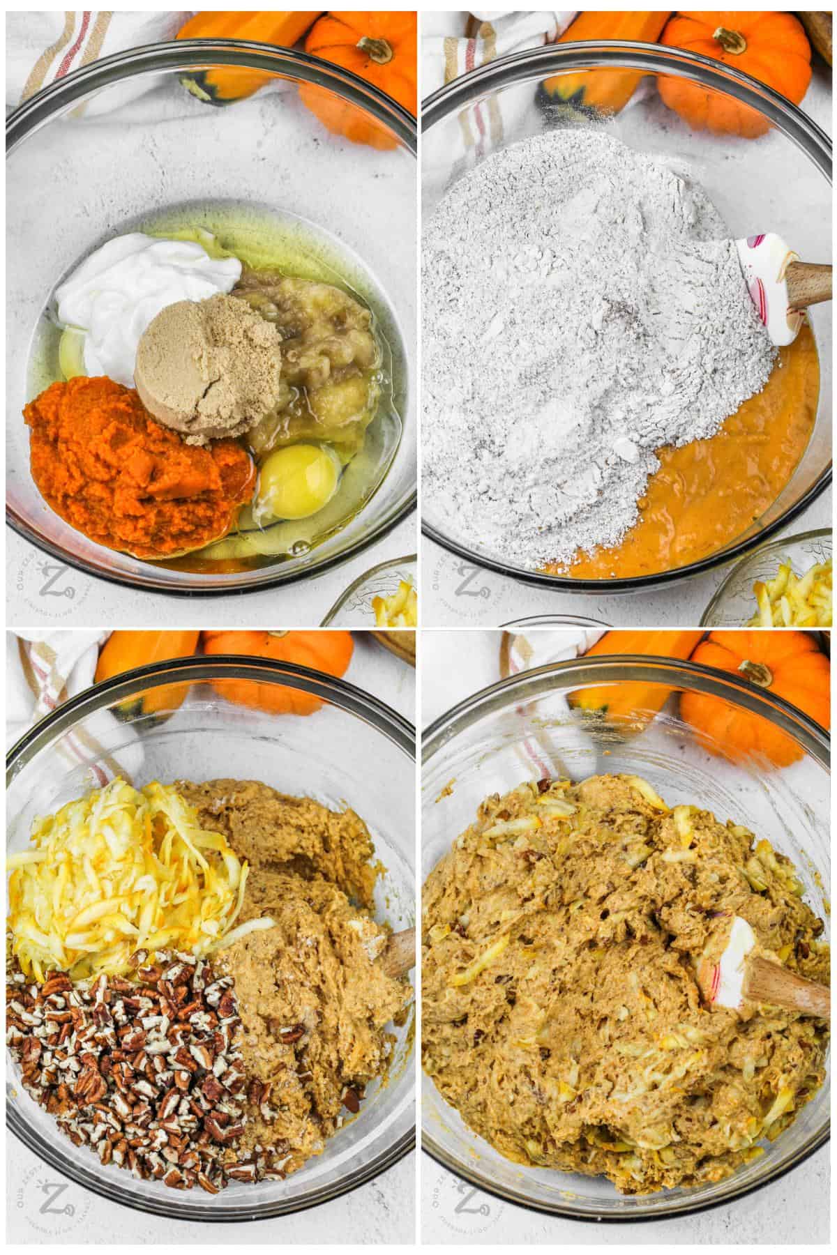 process of adding ingredients together to make Pumpkin Zucchini Bread batter