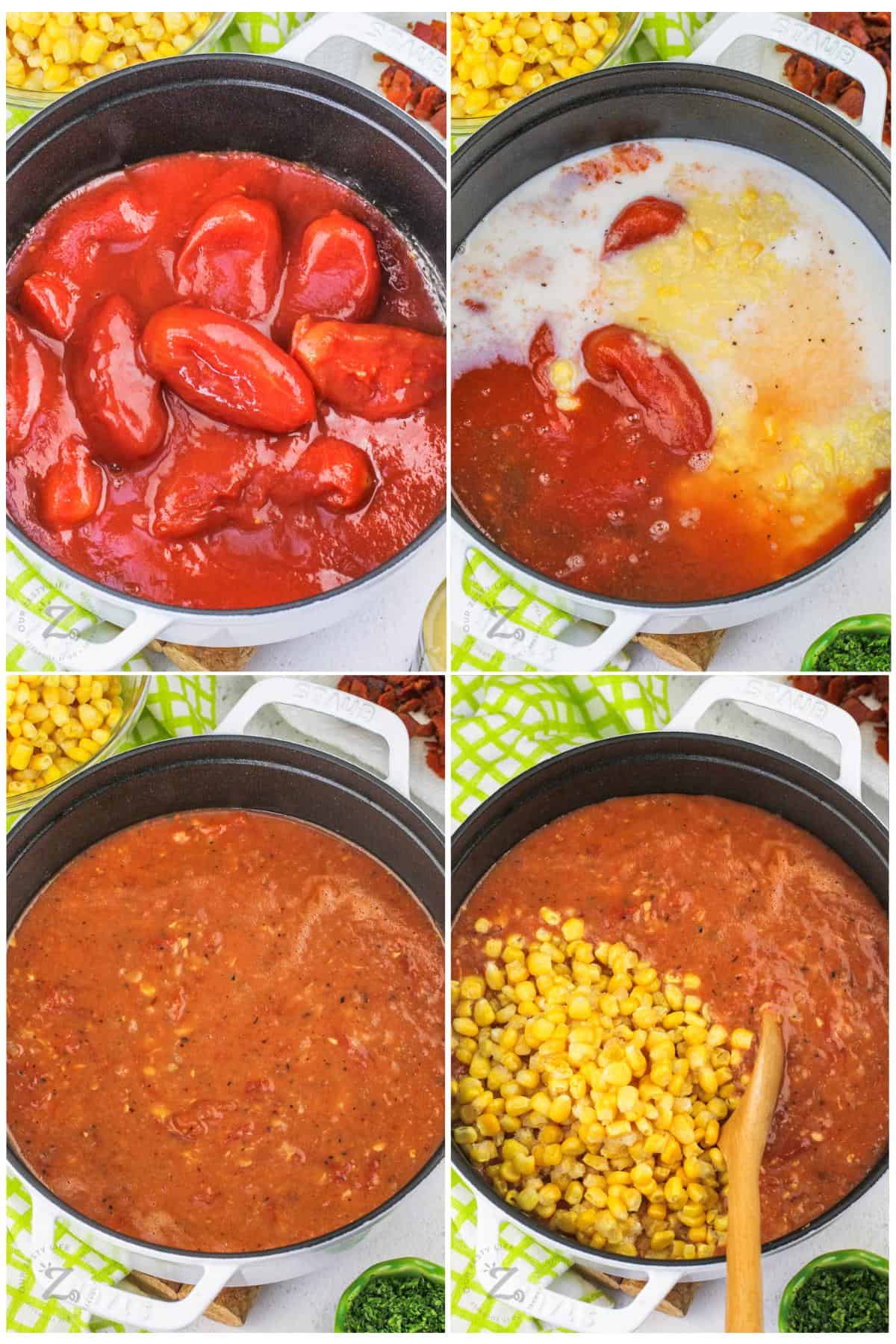 process of adding ingredients to tomatoes to make Tomato Corn Chowder