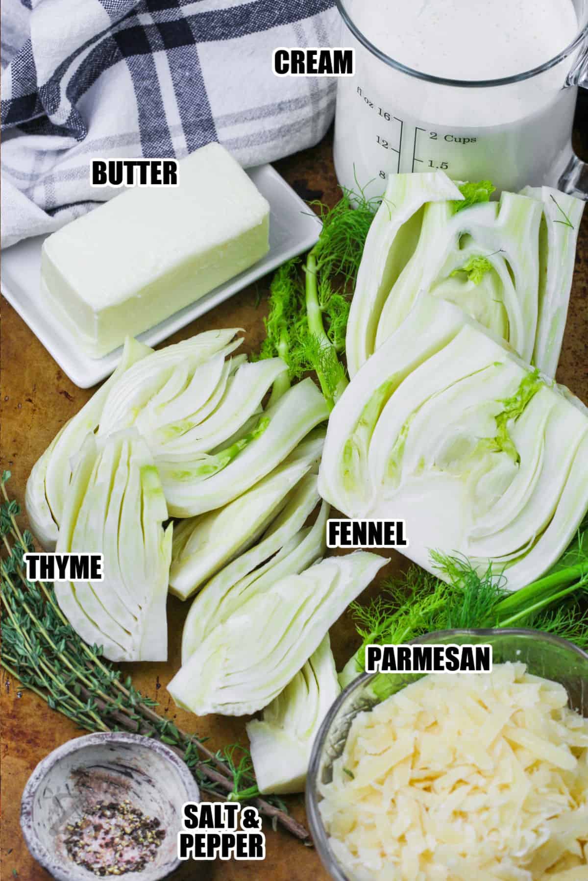 cream , butter , fennel , parmesan , thyme and seasonings to make Cheesy Baked Fennel with labels