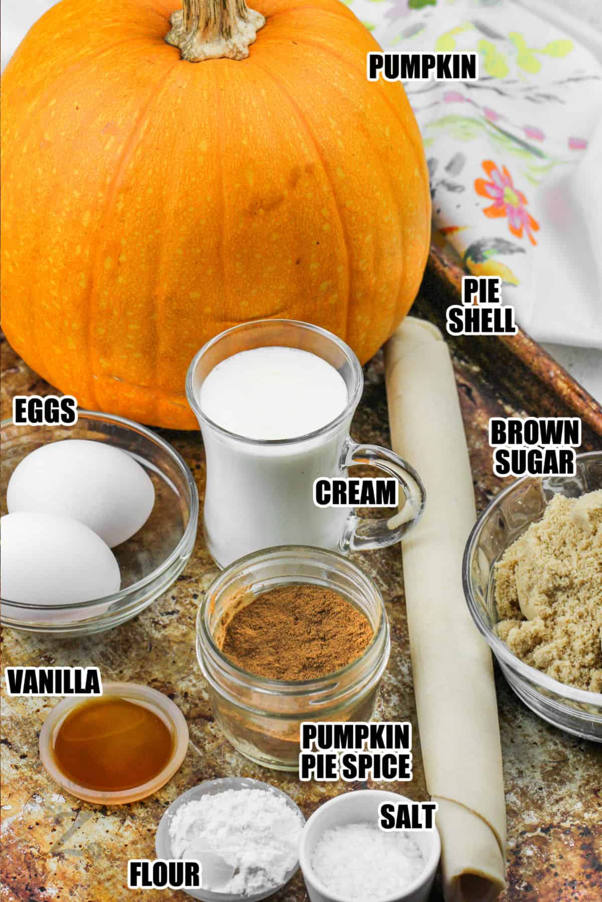 pumpkin, pie shell , eggs, cream, brown sugar, pumpkin pie spice, vanilla, flour and salt with labels to make Pumpkin Pie from Fresh Pumpkin