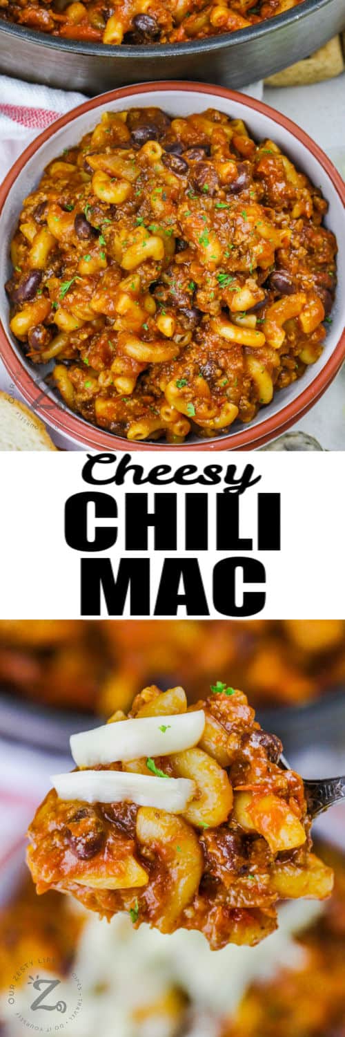 bowl of Chili Mac Recipe and spoon full with writing