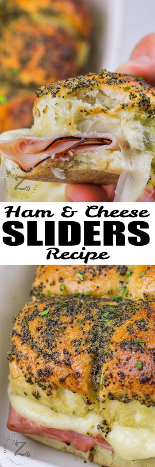 baked Ham and Swiss Sliders and close up of one with writing