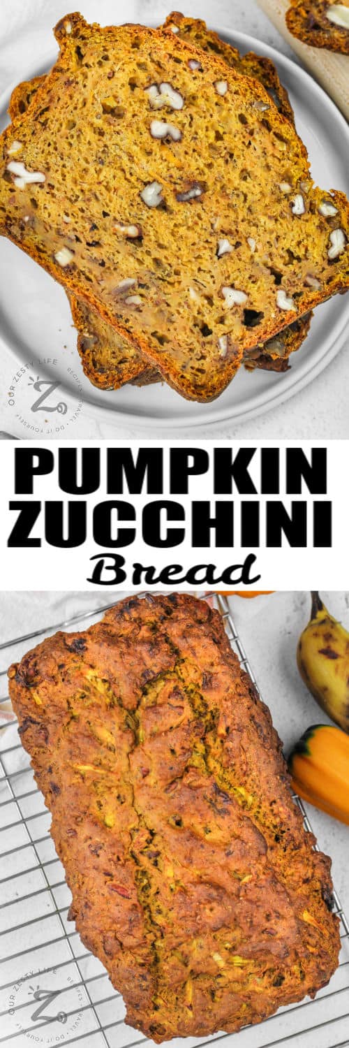 Pumpkin Zucchini Bread cooling on a rack and plated with a title