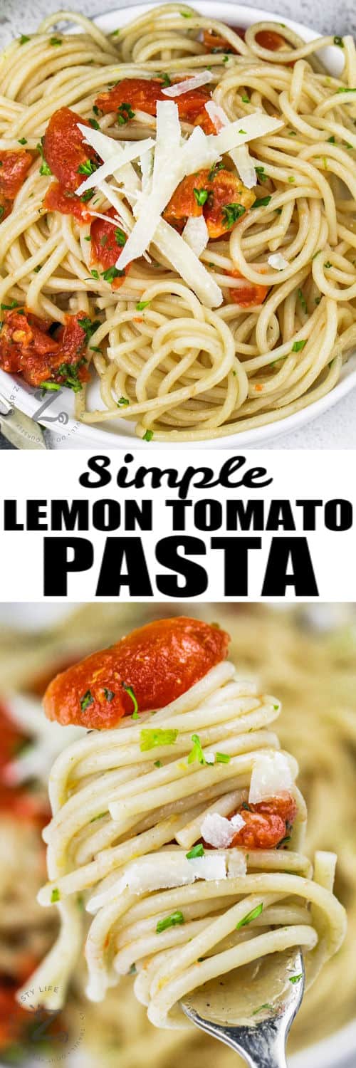 simple lemon tomato pasta in a white bowl with shredded parmesan and parsley as garnish on top, and simple lemon tomato pasta twirled on a fork under the title