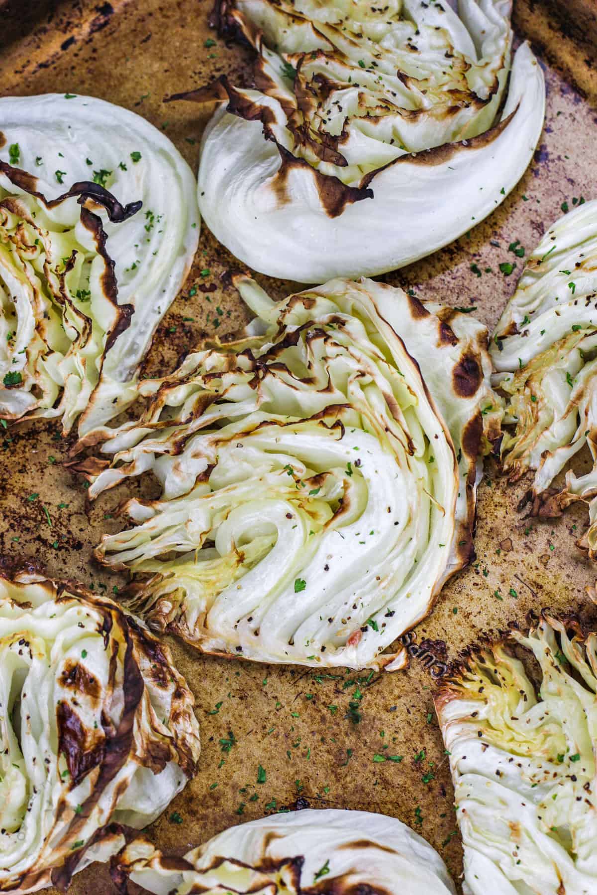 close up of Roasted Cabbage on a sheet pan