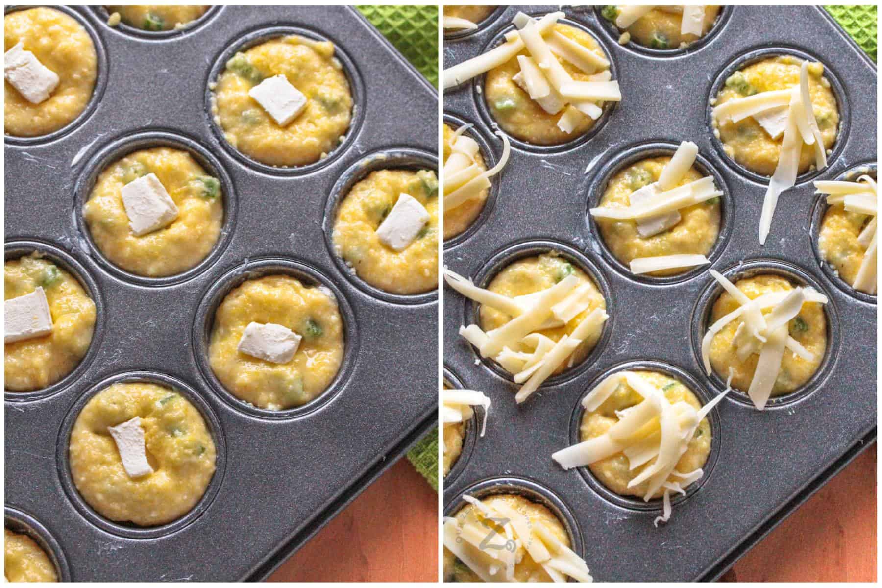 process of adding ingredients to muffin tin to make Jalapeno Cornbread Muffins