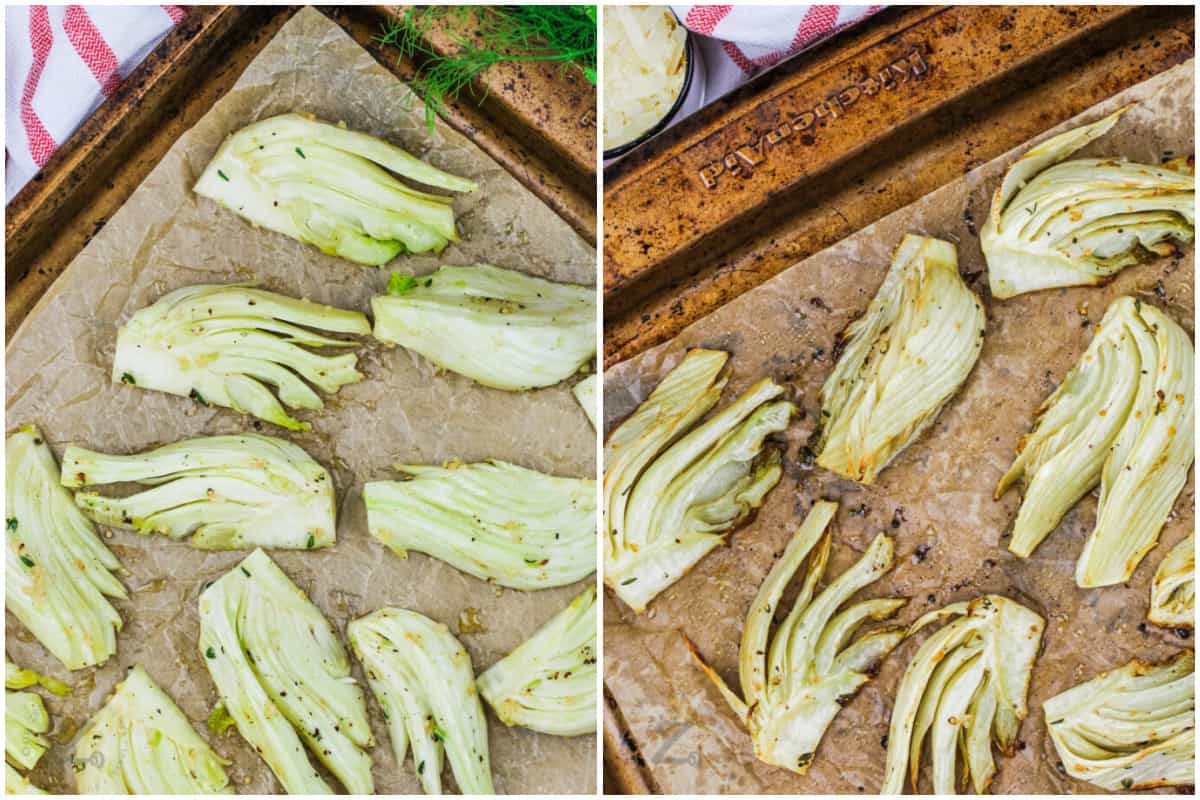 oven roasted fennel on a parchment lined baking sheet before and after being roasted.