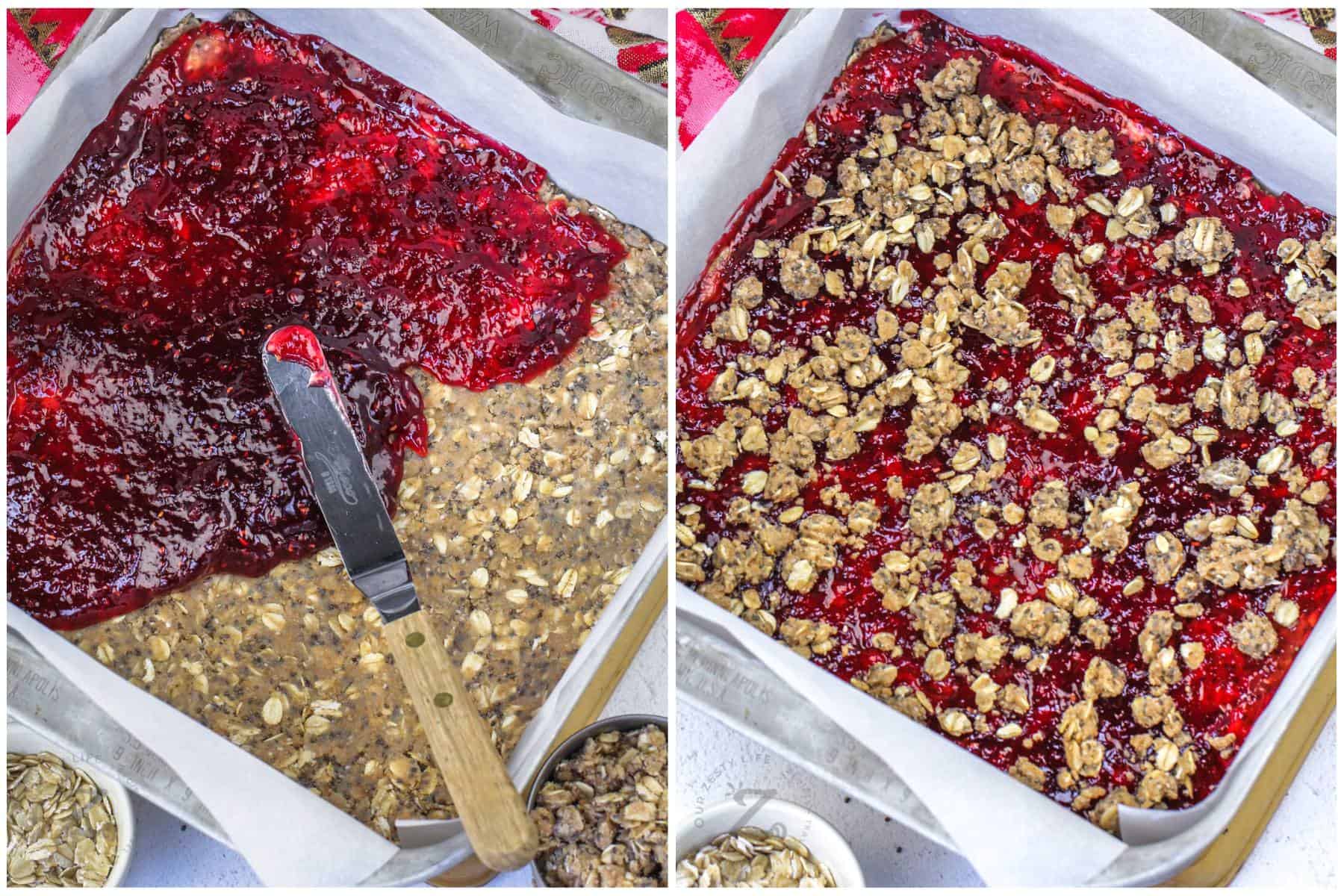 process of adding jam and oats to Raspberry Oat Bars