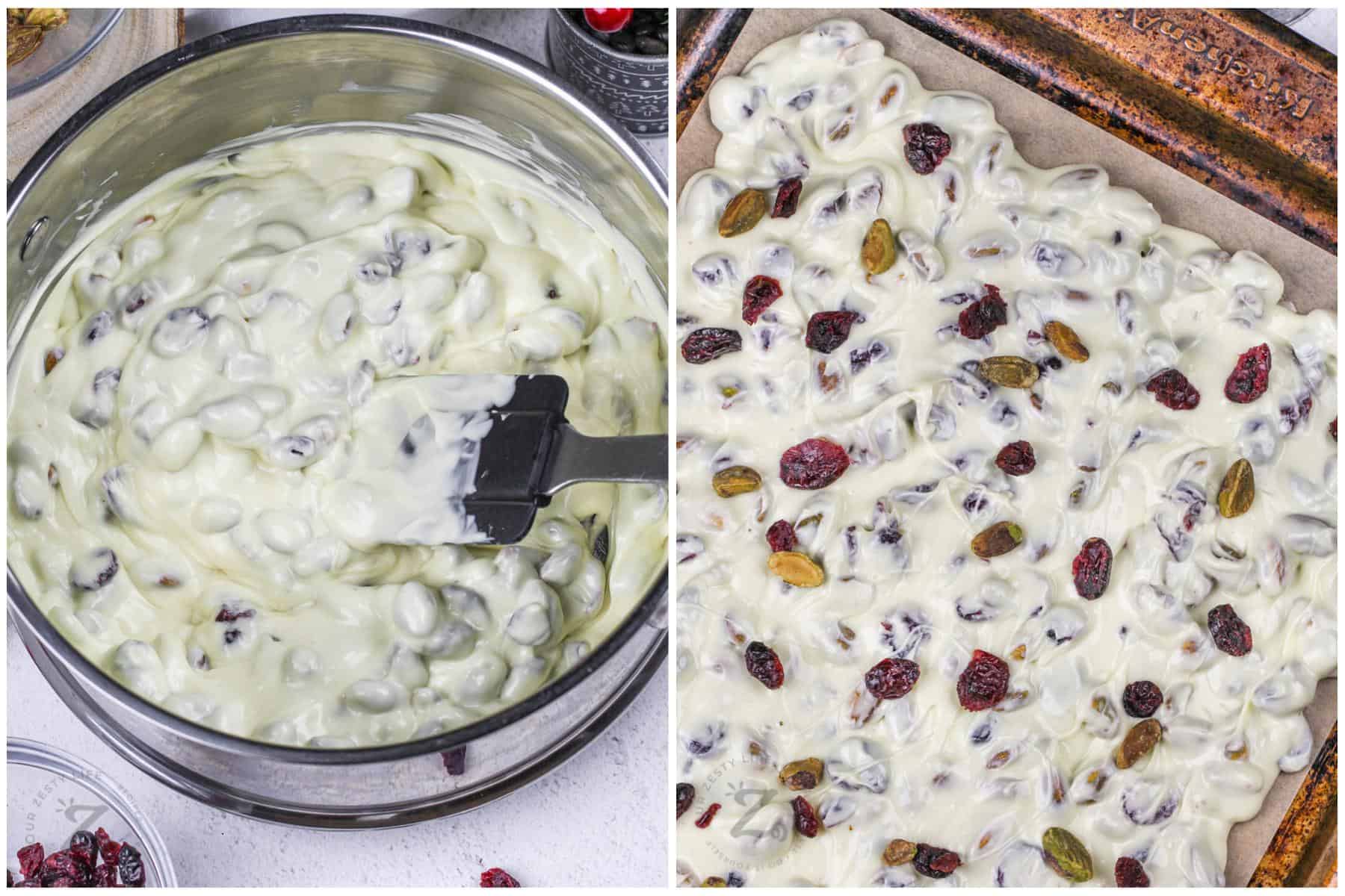 spreading White Chocolate Bark on a sheet pan