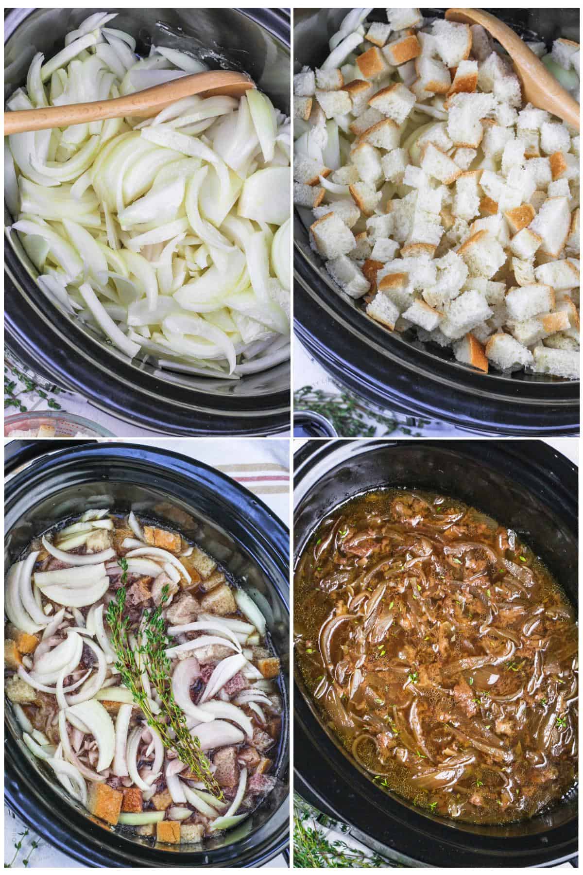 process of adding ingredients to crock pot to make Crockpot French Onion Soup