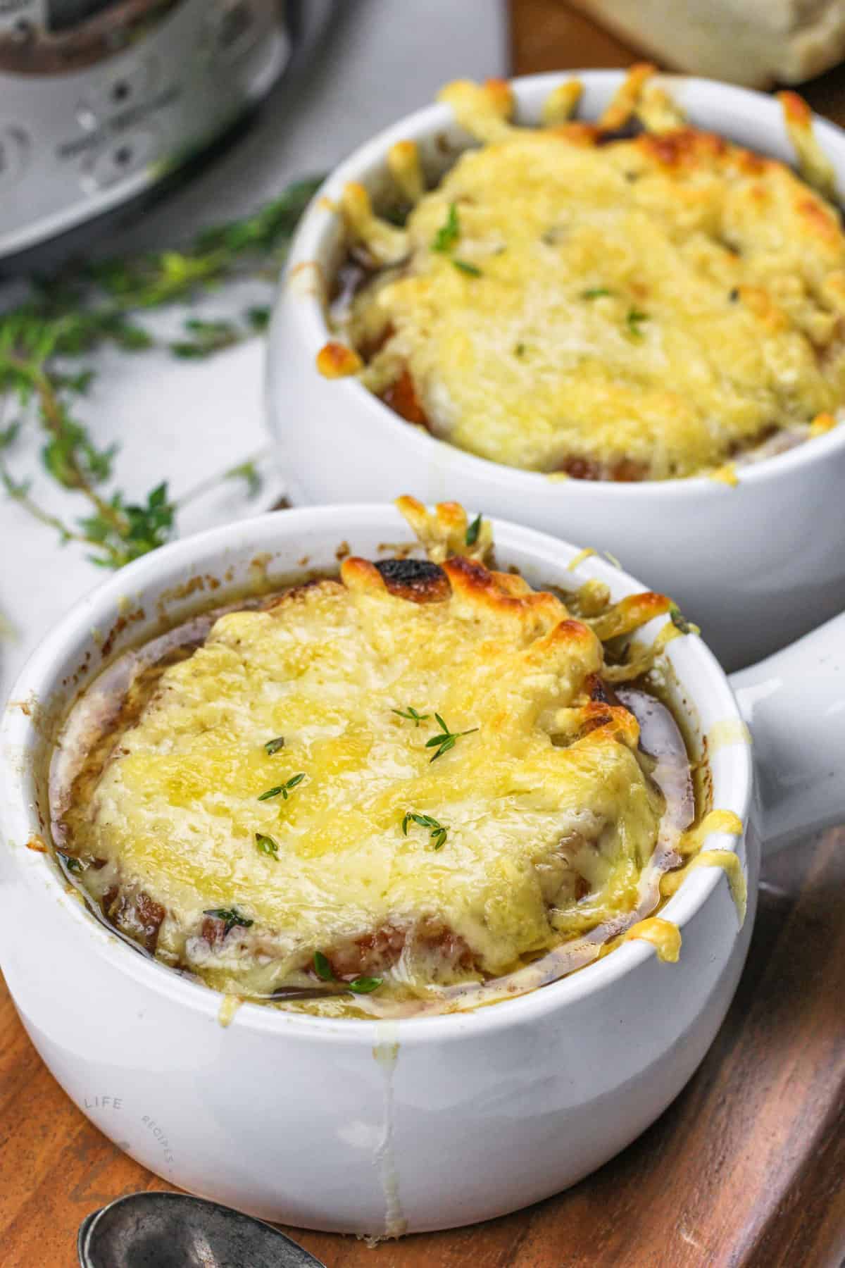 bowls of cooked Crockpot French Onion Soup