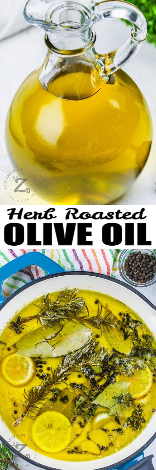 olive oil with herbs in a pot and plated Herb Infused Olive Oil with writing