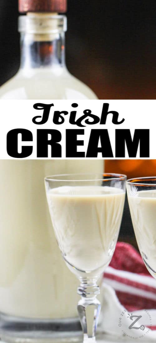 Homemade Irish Cream in a jar and in glasses with a title