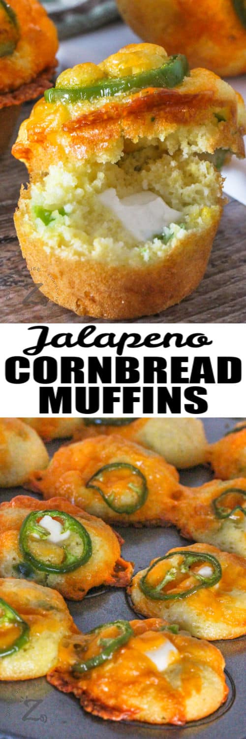 Jalapeno Cornbread Muffins in the muffin tin and cut open with writing