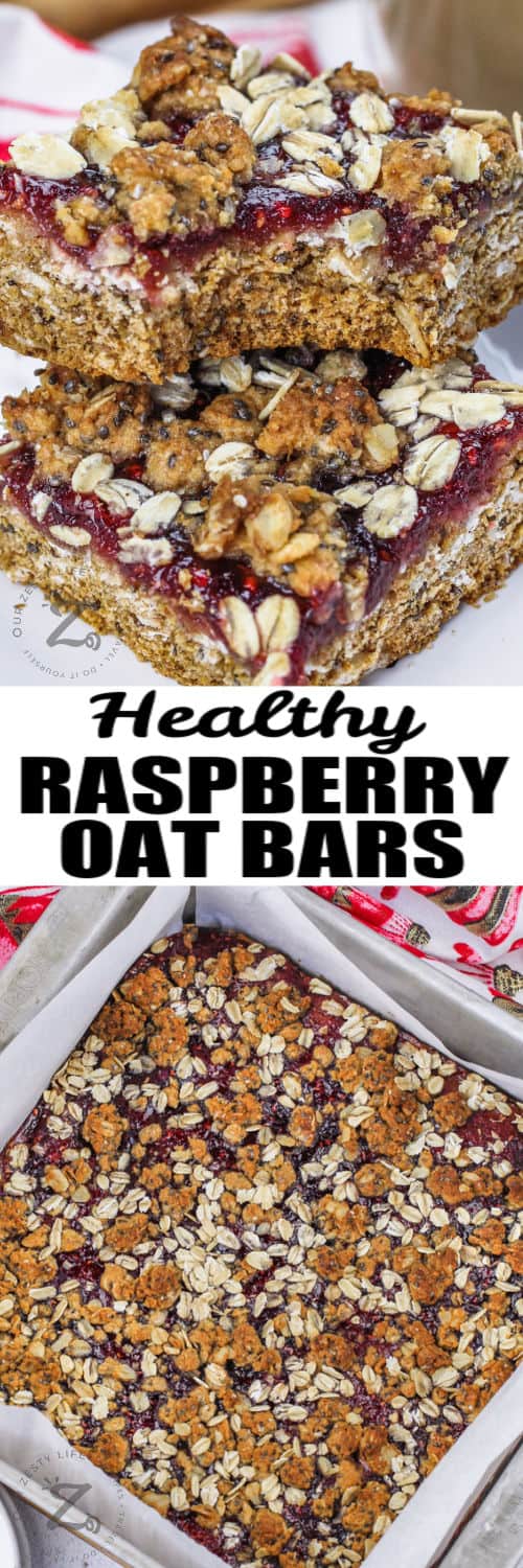 Raspberry Oat Bars in the cake pan and plated with a title