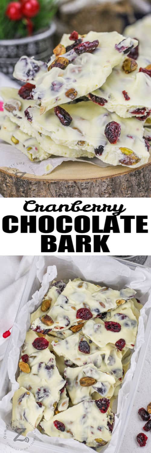 White Chocolate Bark on a platter and in a container with a title